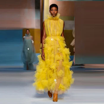 Златисто-жълто Тюлевое рокля, Буйни Окото Многопластови рокли за официални събития, Прозрачни Дълги Дамски рокли с волани и дълбоко деколте