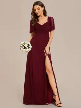 Елегантни вечерни рокли с Макси дължина С V-образно деколте И къс ръкав Дължина до пода 2024 BAZIIINGAAA от блестящи лилави рокли за шаферките