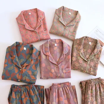 Пролетно-лятна пижама с флорални принтом, дамски реколта ежедневни облекла за отдих с дълъг ръкав, дамски модни пижама от две части, дрехи