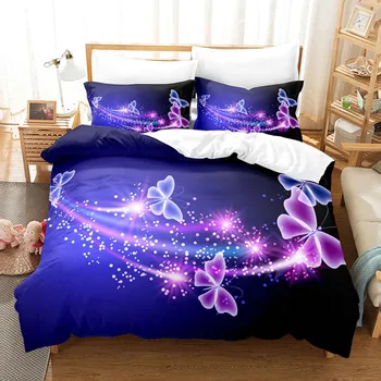 Лилав чаршаф 3D Galaxy Purple Butterfly Спално бельо с флорални принтом Романтична Лилаво интериор на стаята с папийонка и лавандула Подаръци за жени