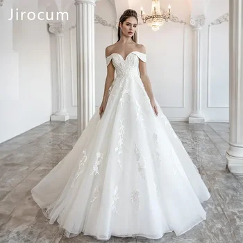 Jirocum Елегантна сватбена рокля с открити рамене, булчински рокли с дантела аппликацией трапецовидна форма, вечерни рокли в пода, скъпа мечта