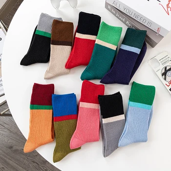 1 чифт чорапи в контрастен цвят, дамски чорапи с висок покрив, многопластови чорапи с блокиране на цвят, дълги памучни чорапи