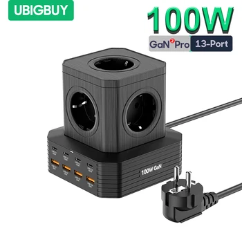 Зарядно устройство Ubigbuy Мощност 100 W, 13-Port Конектор за Зарядно Устройство GaN USB C, Филтър Мрежа За Бързо Зареждане, кабел за Удължаване на работния плот Контакти
