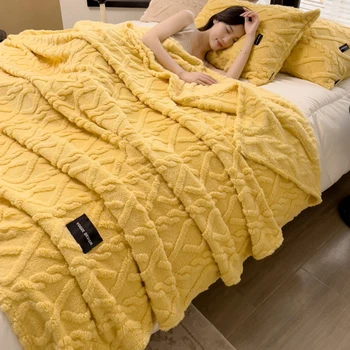 WASART меко топло жълто фланелевое клетчатое одеяло есен зима velvet мек вълнен плат бод пушистое гъст спално бельо диван-голямо каре воал