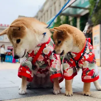 Кимоно с принтом декоративни домашни животни и лък, облекло за кучета в японски стил, кимона от плат, облекла за японски кучета на Хелоуин