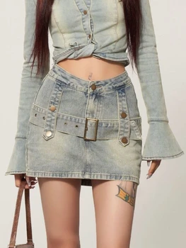Деним пола Y2K, Дамски градинска дрехи, реколта къси дънкови поли 90-те Летни Модни готически мини-поли-карго трапецовидна форма в корейски стил 2023 г.