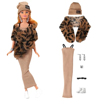 NK 1/6 Princess Fashion Палто-шал с леопардовым принтом, рокля в кафяво ремешке, Шапка, Обувки, благородна облекло за кукли Барби, Аксесоари, Подарък играчка