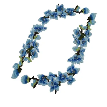 1бр Сини бродирани цветя ивици за дрехи, цветни дантелен апликации за сватбена рокля