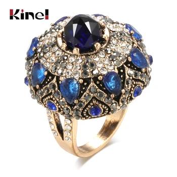 Kinel Hot Луксозно Винтажное Голям пръстен от естествен камък, пръстени с кристали цвета на античното злато за жени, етнически сватбени бижута за булката