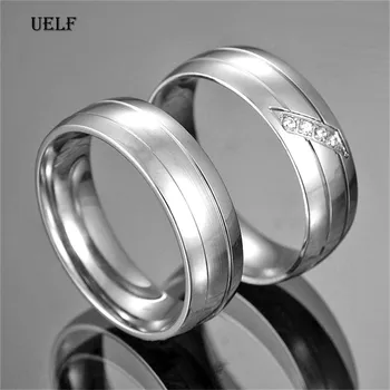 Годежен пръстен Uelf от неръждаема стомана за влюбени, IP Сребърен цвят, Crystal CZ, парни бани пръстени За мъже, Дамски пръстени ангажимент за годеж