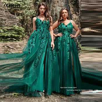 Блестящи зелени вечерни рокли Xijun, дантелени вечерни рокли на спагети презрамки, рокля за бала, выпускное рокля с висока цепка отстрани, рокля за бала, без ръкави