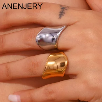 ANENJERY от неръждаема стомана 316L с Неправилна форма, преувеличени Гладко геометрично пръстен за жени, бижута аксесоар в ретро стил златен цвят