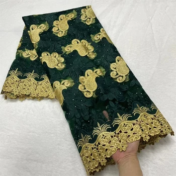 Африканска лейси тъкан е тъмно-зелен цвят, със златна френска дантела и бродирани, мрежести дантелен плат, С камъни, Сватбена рокля, 5 ярда