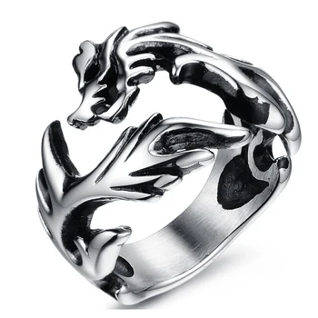 Мъжки байкерские пръстен в стил пънк-рок от неръждаема стомана, Реколтата, бижута, Сребърен Пръстен с Дракон за мъже