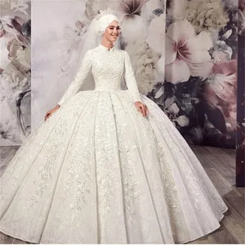 Дантелени апликации добро качество, Мюсюлманската Сватбена рокля с високо воротом, Придворен струята, Бална рокля с дълъг ръкав Vestidos De Новия за Сватбена рокля