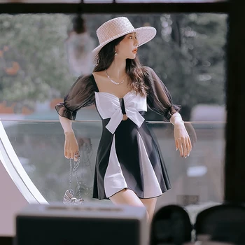 2024 Женски цял бански в корейски стил, нова Черно-бяла пола в стил мозайка, бански костюми за отслабване, бански костюми за лятната почивка на плажа