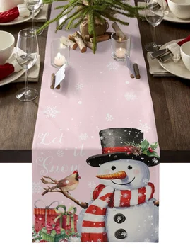 Коледна Зимна снежинка, Снежен човек Розово Настолна пътека Украса на дома Декорация на масата за хранене Декор на масата