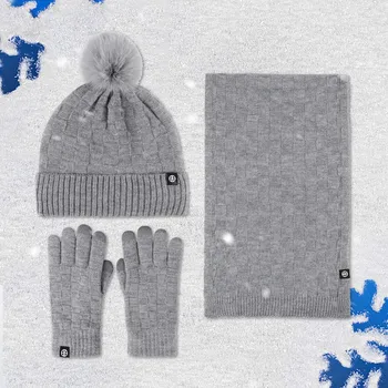 3шт чифта зимни улични топли зимни шапки, шалове, ръкавици, комплект капачки от три части, трикотажни в клетката, с дрямка