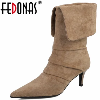 FEDONAS/ женски полусапожки, модни нагънат обувките на тънък висок ток с остър пръсти, елегантен офис обувки за парти, пролет-есен, четырехсезонная дамски обувки