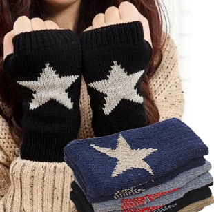 Crochet ръкавици Y2K Star зимни Вълнени ръкавици без пръсти, Мека топла петолъчна звезда на половин пръст Гъвкави ръкавици за ръце за жени