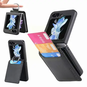 Кожен портфейл, чанта, калъф за Samsung Galaxy Z Flip 5, сгъваема стойка за екрана, устойчив на удари защитник, делото телефон