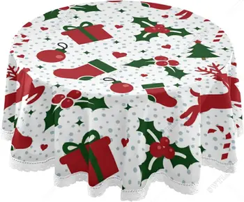 Покривка с Коледен елен, подаръци от Падуба, 60-инчов кръгла покривка, Термостойкая на кутията на масата с дантела за масата за хранене