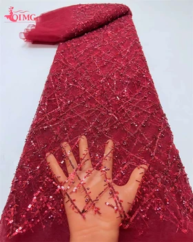 OIMG Луксозна африканска лейси плат 2023, Благородна лейси плат, ръчно изработени beaded, Франция, пайетки за шивашки сватбена рокля в нигерия стил.