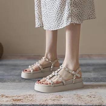 Чисто нови летни дамски сандали, висококачествени модерни ежедневни дамски обувки-гладиатори от мека кожа на платформа