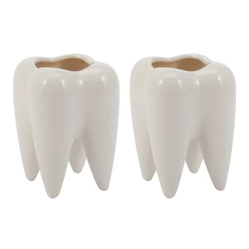 Бяла, керамична саксия във форма 2 на зъбите, модерен дизайн, Модел плантатор със зъбите, Мини-тенис на гърне, креативен подарък (без растения)