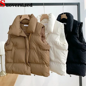 Съкратен памук женски жилетка, изолирана якета без ръкави, есен-зима, нова топла горна дреха, корейски жилетка оверсайз с тегло 80 кг