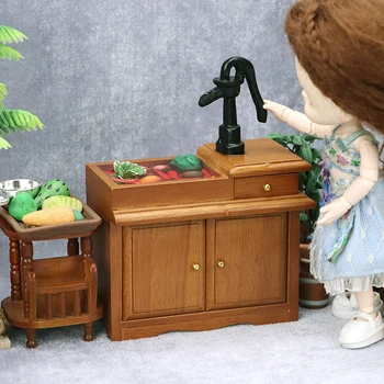 1: 12 Куклена къща Миниатюрен Дървен Шкаф за мивка в банята, Кухненски Мивка, чекмеджето, Модел мебели, Декор, Играчки, Аксесоари за кукла къща