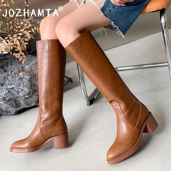 JOZHAMTA, Размер 34-39, дамски ботуши до коляното, естествена кожа, ретро, обувки на дебелите високи токчета, дамски обувки на платформа, зимно модно рокля