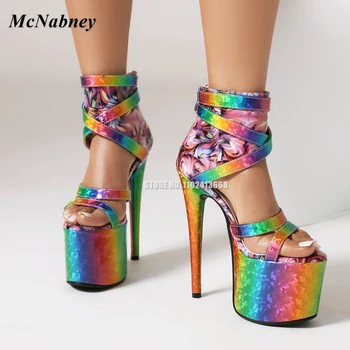 Секси дамски сандали на платформа и висок ток, 17 см, Летни разноцветни дамски обувки са с цип отзад с преминаването каишка за танци на един стълб, Голям размер на 43