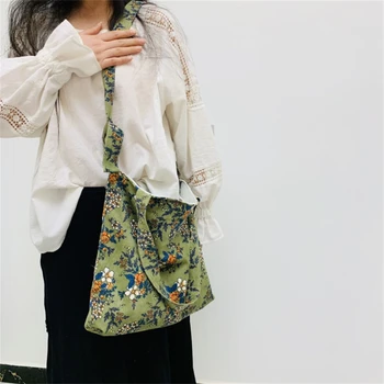 Реколта вельветовая чанта през рамо, женствена чанта през рамо с голям капацитет, модерна тъканно чанта с цветен модел за момичета, сгъваема множество чанта за пазаруване