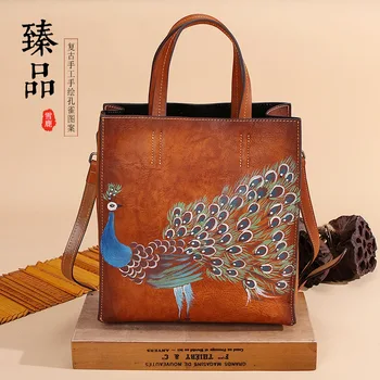 Реколта кожена чанта-тоут с ръчно рисувани