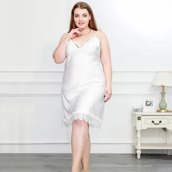 Дамска нощница XL-4XL, сексуално домашно мини рокля с V-образно деколте и с отворен гръб, бялата нощница на спагети презрамки, без пижама с дантелен завършек