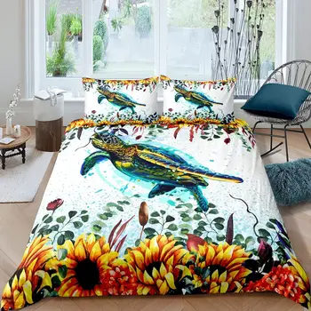 Пълен пухени Sea Turtle King Queen, комплект спално бельо Слънчоглед, Стеганое одеяло, покривка от полиестер с цветен модел на Океана влечуги