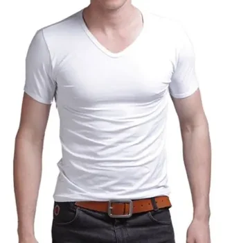 B2048 гореща Лятна разпродажба, тениска, Нови мъжки блузи с V-образно деколте, риза, приталенная однотонная ежедневни тениска с къс ръкав