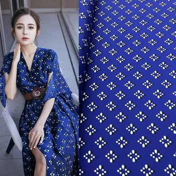Синя набивная коприна плат за рокли с висококачествена еластична риза от двойно крепа, полуботиной, дизайнерски пошивом дрехи, платове, ръчно изработени