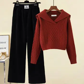 2023 Нов Корейски пролетно-есенен комплект, дамски ежедневни вязаный пуловер, уменьшающий възраст, Модерен широки панталони, комплект от две части