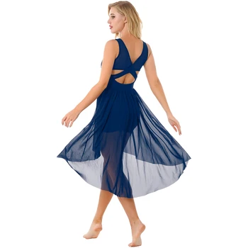Жена блестящо танцово рокля-чорапогащник с пайети, Прозрачна мрежа, перекрещивающийся деколте на гърба, Асиметричен подгъва, танцови рокли