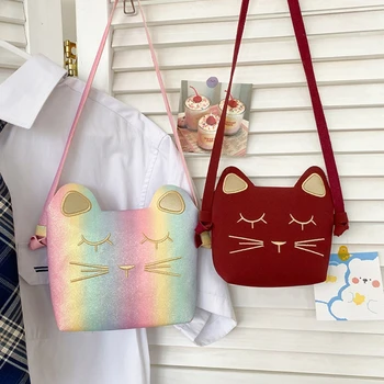 Модерна чанта през рамо от изкуствена кожа с бродирани котка, калъф за телефон, портфейл, ежедневна чанта за жени и момичета