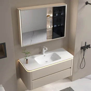 Нов шкаф за баня, керамични вградени мивка, интелигентен кръгла мивка от масивно дърво за баня, шкаф за мивка за ръце