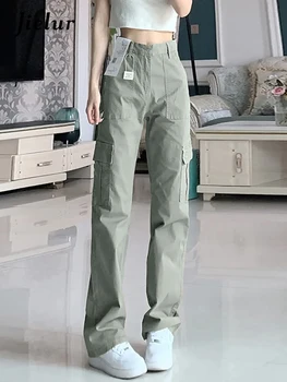 Ежедневни Тънки дамски панталони-карго Jielur с висока талия, Нови офис женски директни реколта зелени панталони цвят Каки в американски стил, шик дамски панталони