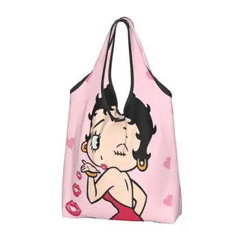 Хранителни чанти Kiss Pink Girl Трайни Големи многократна употреба Сгъваеми тежкотоварни мультяшные чанти за пазаруване, които могат да се перат, леки