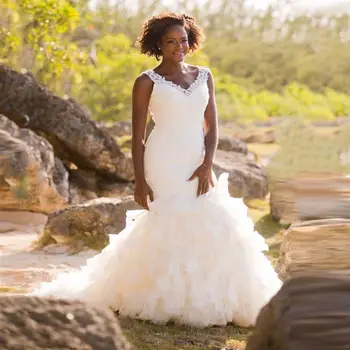 Ново Винтажное Сватбена рокля за Плаж Русалка Апликация Къдри Африкански рокли Големи Размери За Младоженци