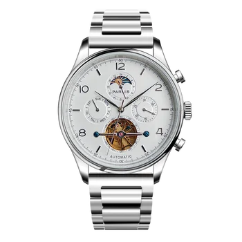Модни Parnis 43 мм Бял Циферблат Автоматичен Механичен Мъжки Часовник Календар С Фазите на Луната Мъжките Часовници За Мъже montre homme Man Clock