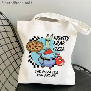 Дамски чанта за пазаруване, чанта с принтом пица Krusty Krab, чанта за пазаруване в стил Харадзюку, Холщовая пазарска чанта, дамска чанта-тоут, женствена чанта през рамо
