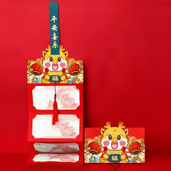 Здрав плик 2024 Година на Дракона Cartoony Сгъваем плик с дракони и пискюли Честване на китайската Нова година на празнични