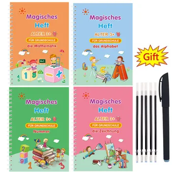 4 книги / набор от немски детски магически книги за писане, книгата е по калиграфия Монтесори, написани на Ръка магически бележника